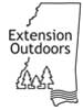 Extension Outdoors logo is a drawing of the outline of Mississippi with three trees and streams drawn inside.