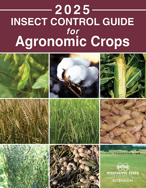 Cover of the 2025 Insect Control Guide for Agronomic Crops with photos of soybeans, cotton, corn, wheat, rice, sweetpotatoes, grain sorghum, peanuts, and pasture.