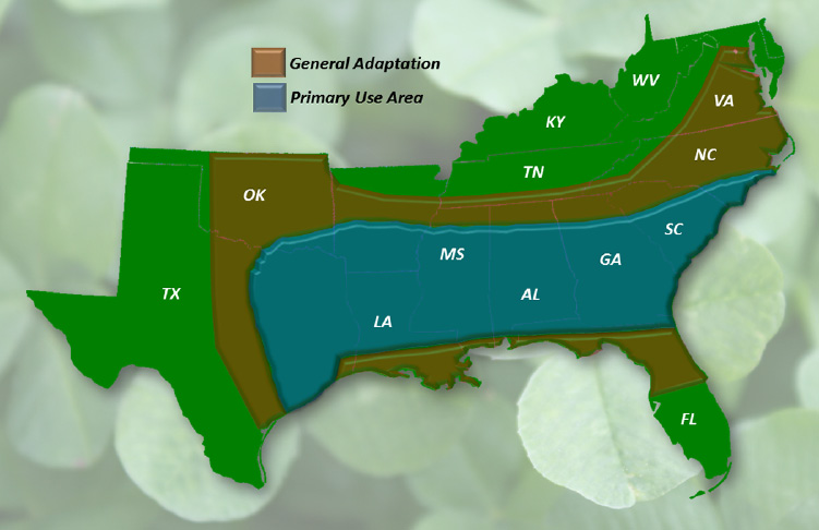 Primary use area includes Louisiana, Mississippi, Alabama, Georgia, and South Carolina. General adaptation area includes Oklahoma, North Carolina, and Virginia.