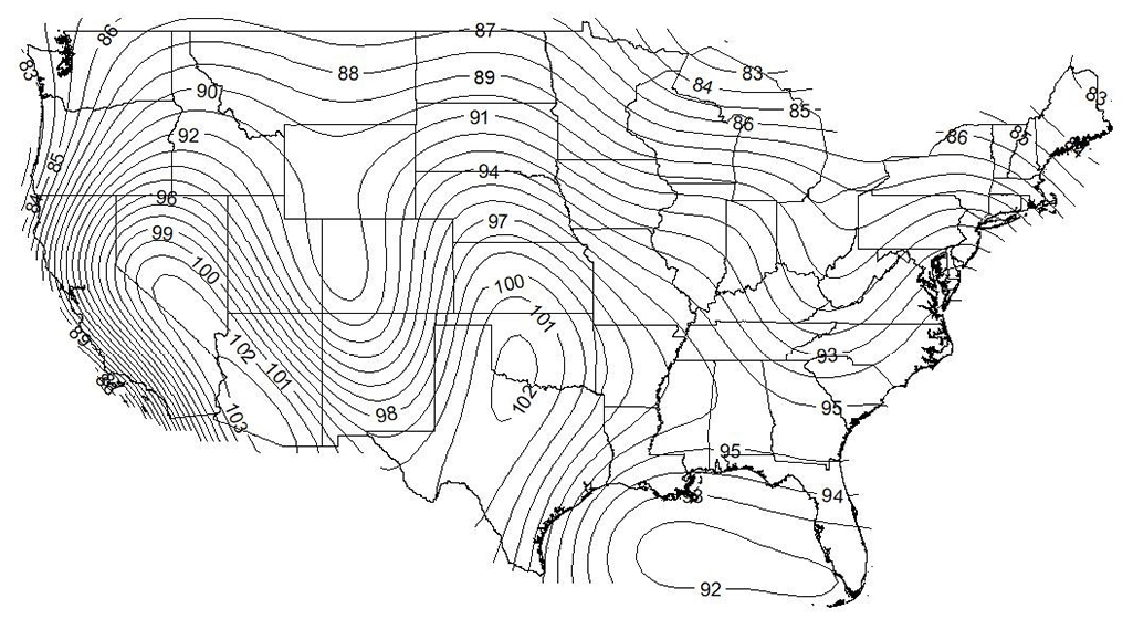 A U.S. map showing dry-bulb temperatures across the country. Temperatures range from 83 to 92 in the north and 93 to 103 in the south.