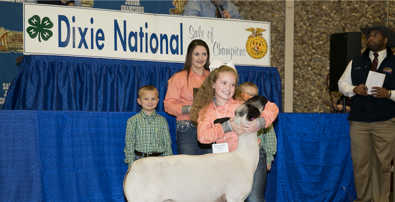 Young participant shows off prize competition animal with several other particpants in the background.