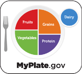 MyPlate.gov plate graphic of four colors, one each for vegetables (green), fruits (red), grains (orange), and proteins (purple) along with a blue circle for dairy that serves as a cup. A gray fork is to the left for a reference element for the plate and cup. The same logo with isolated colors for each food group appears on the next three pages. 