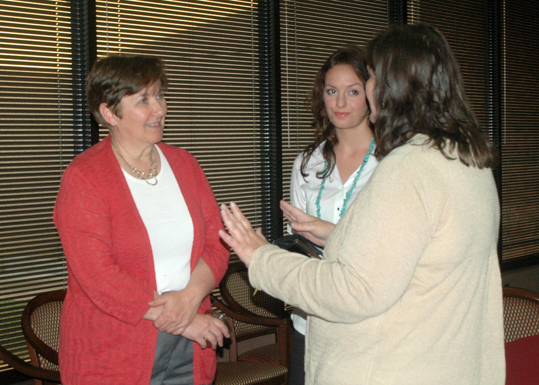 Ruth Hambleton (left), who founded Annie's Project in 2003, talks with graduates of the program May 7 at the program's 10th anniversary celebration. Annie's Project teaches females in agriculture-related fields problem-solving, record keeping and decision-making skills. (Photo by MSU Ag Communications/Susan Collins-Smith)