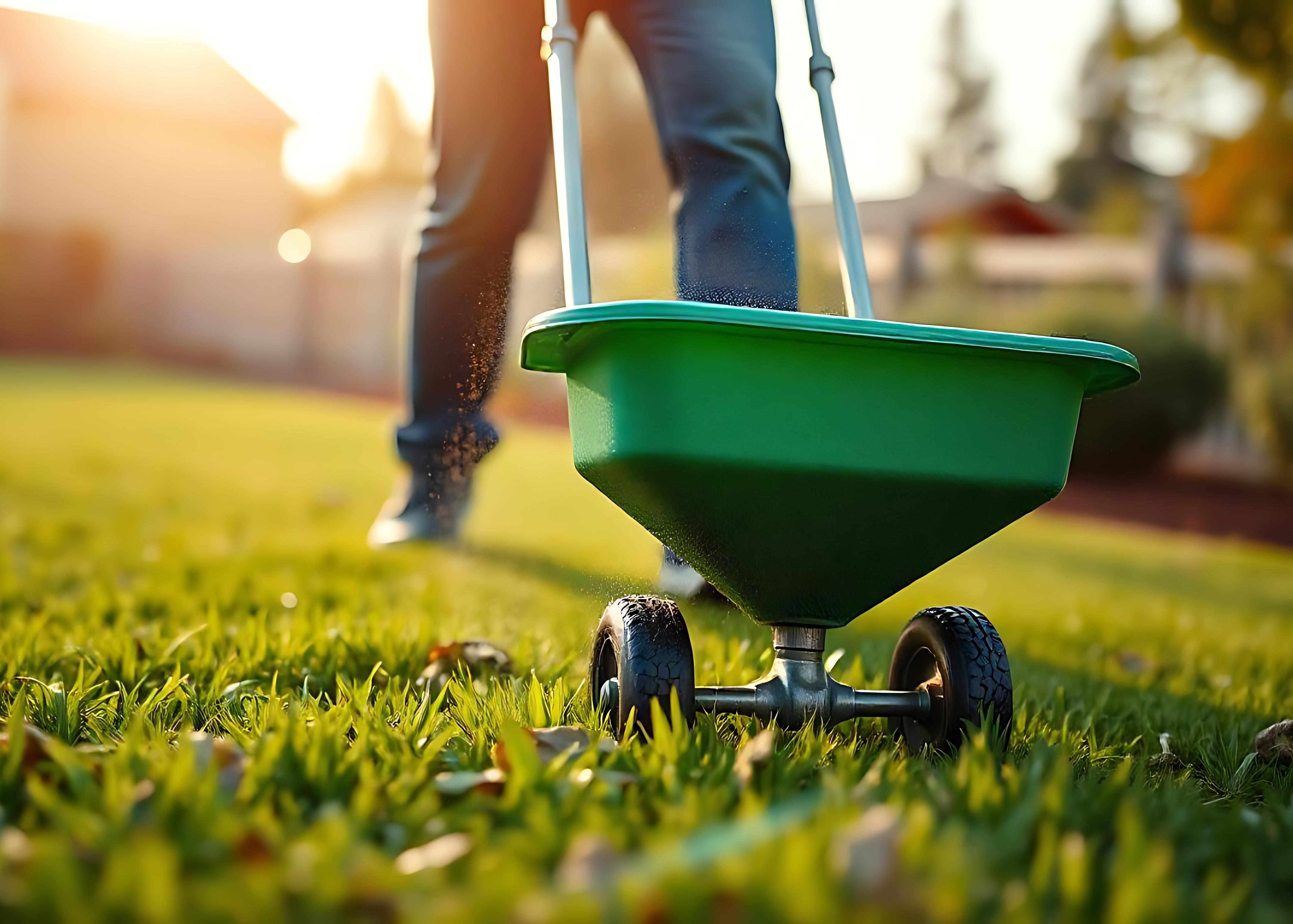 Person applying lime to yard.