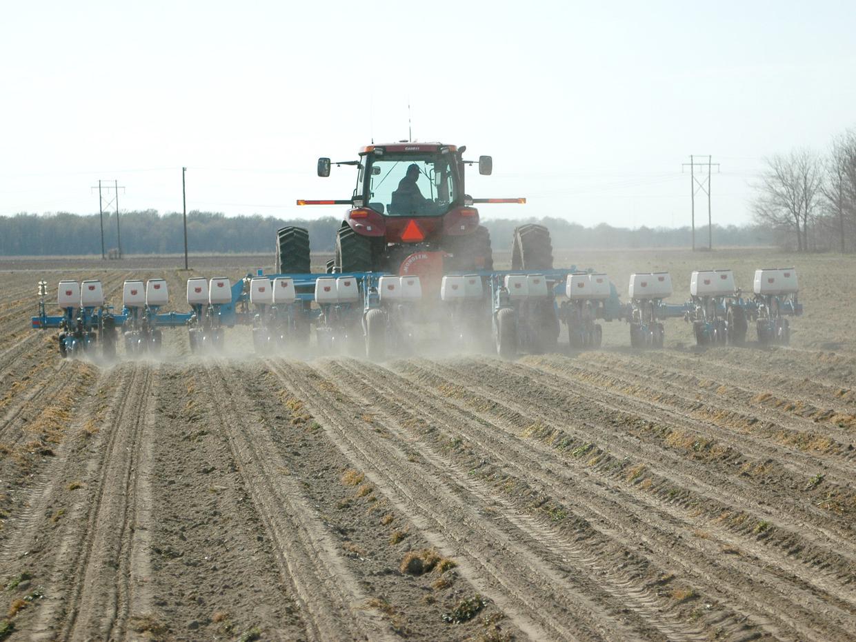 Sunny skies on March 26 provided perfect conditions for planting this corn on George Ray Walker's farm near Stoneville. This 12-row planter is preparing a plot for a nitrogen-rate plant population study for researchers with Mississippi State University's Delta Research and Extension Center. (Photo by Rebekah Ray)