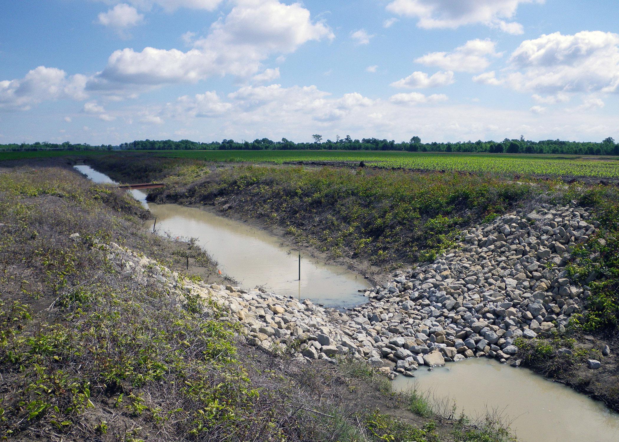 Water control structures, such as low-grade weirs, help reduce pollutants in agricultural runoff and improve water quality. These weirs were in an agricultural drainage ditch in Humphreys County on May 7, 2013 (Photo courtesy of Beth Poganski)