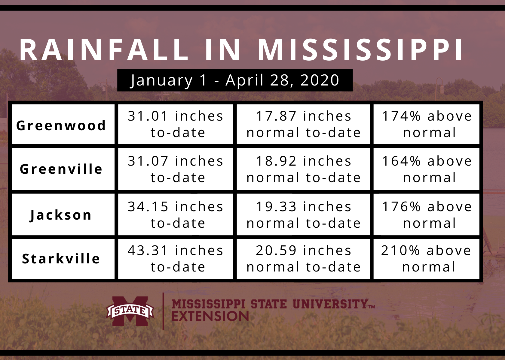 Graphic showing Mississippi rainfall totals in 2020.