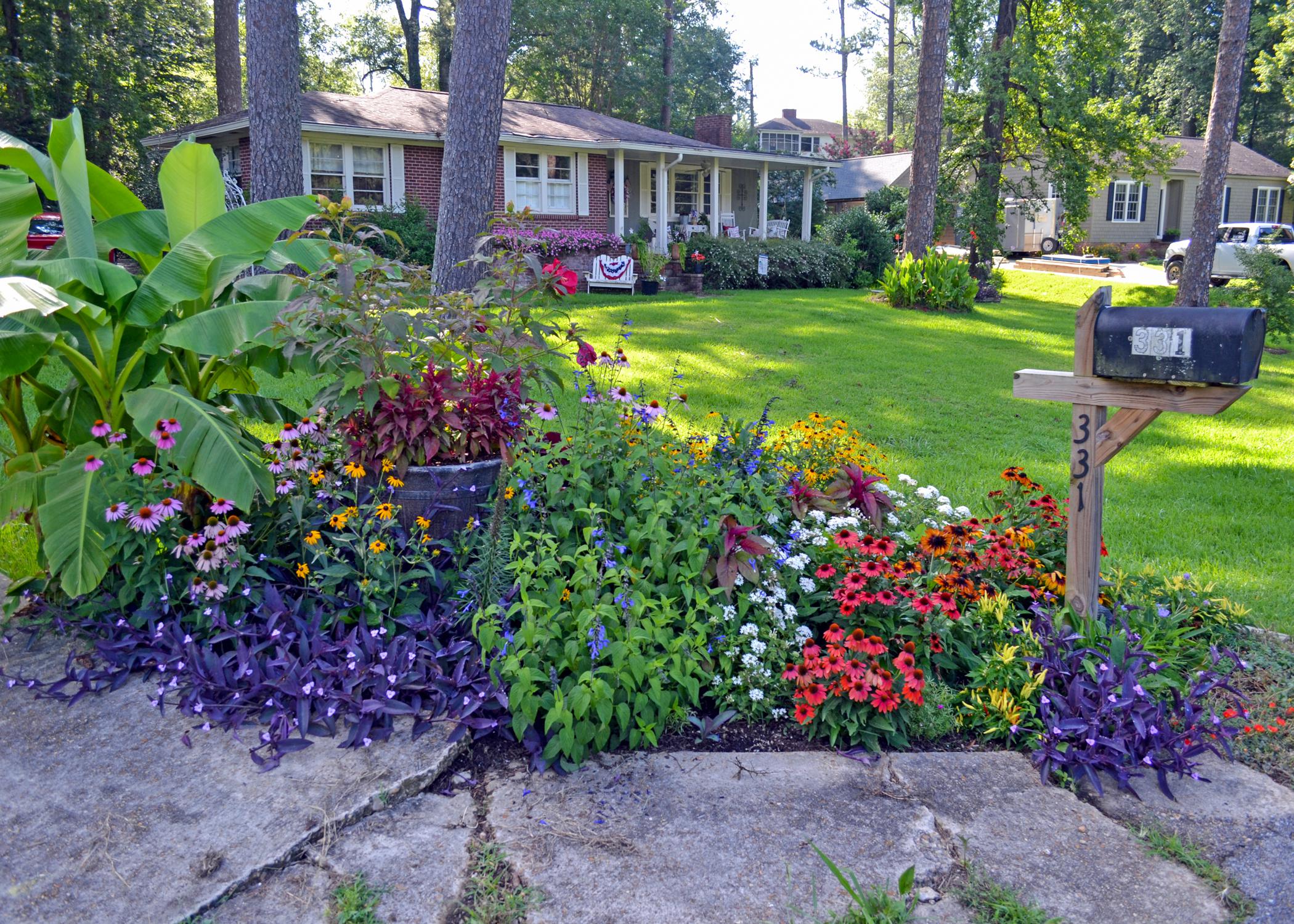 A mailbox stands at one end of a flower garden.