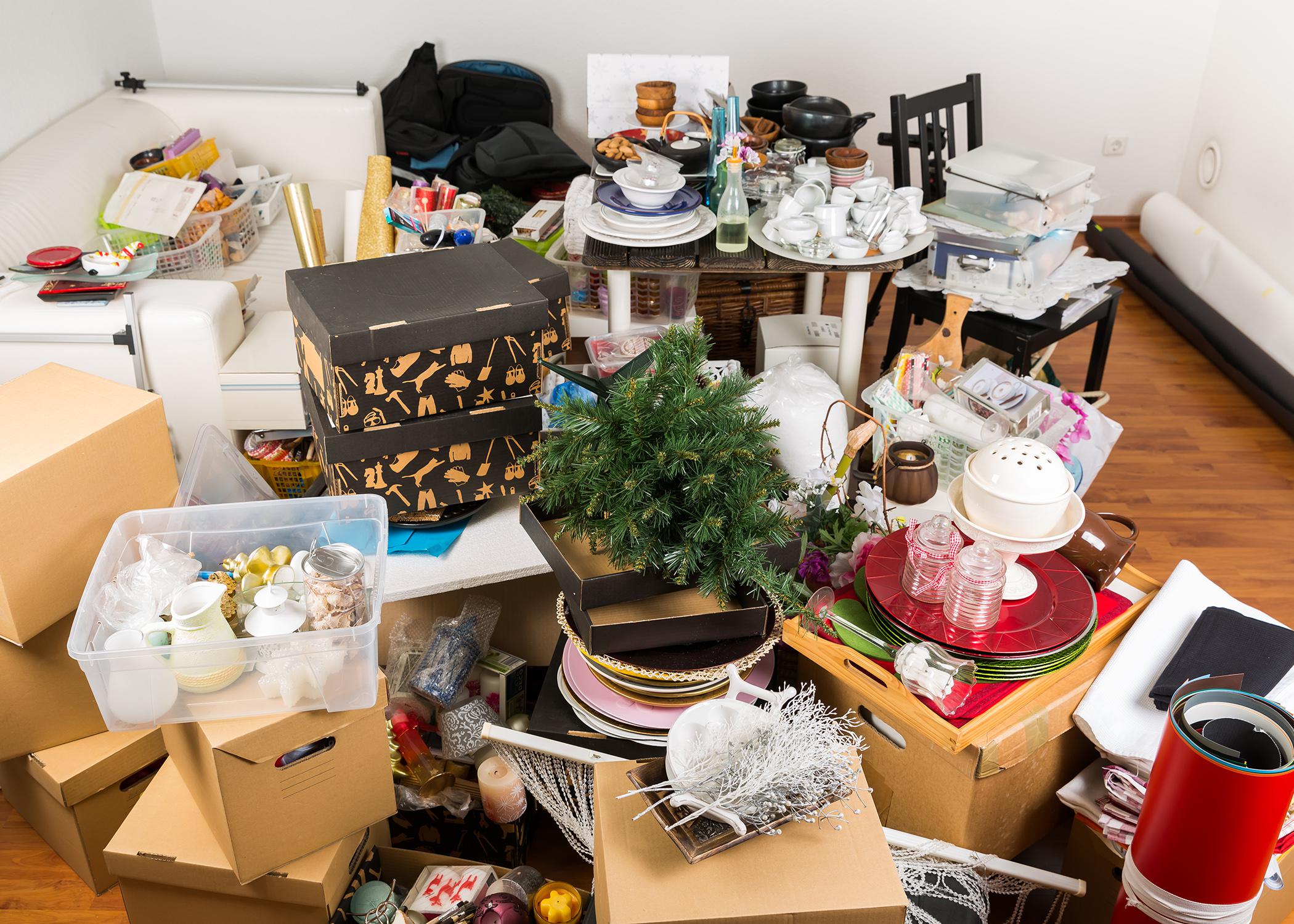 Clutter fills a room.