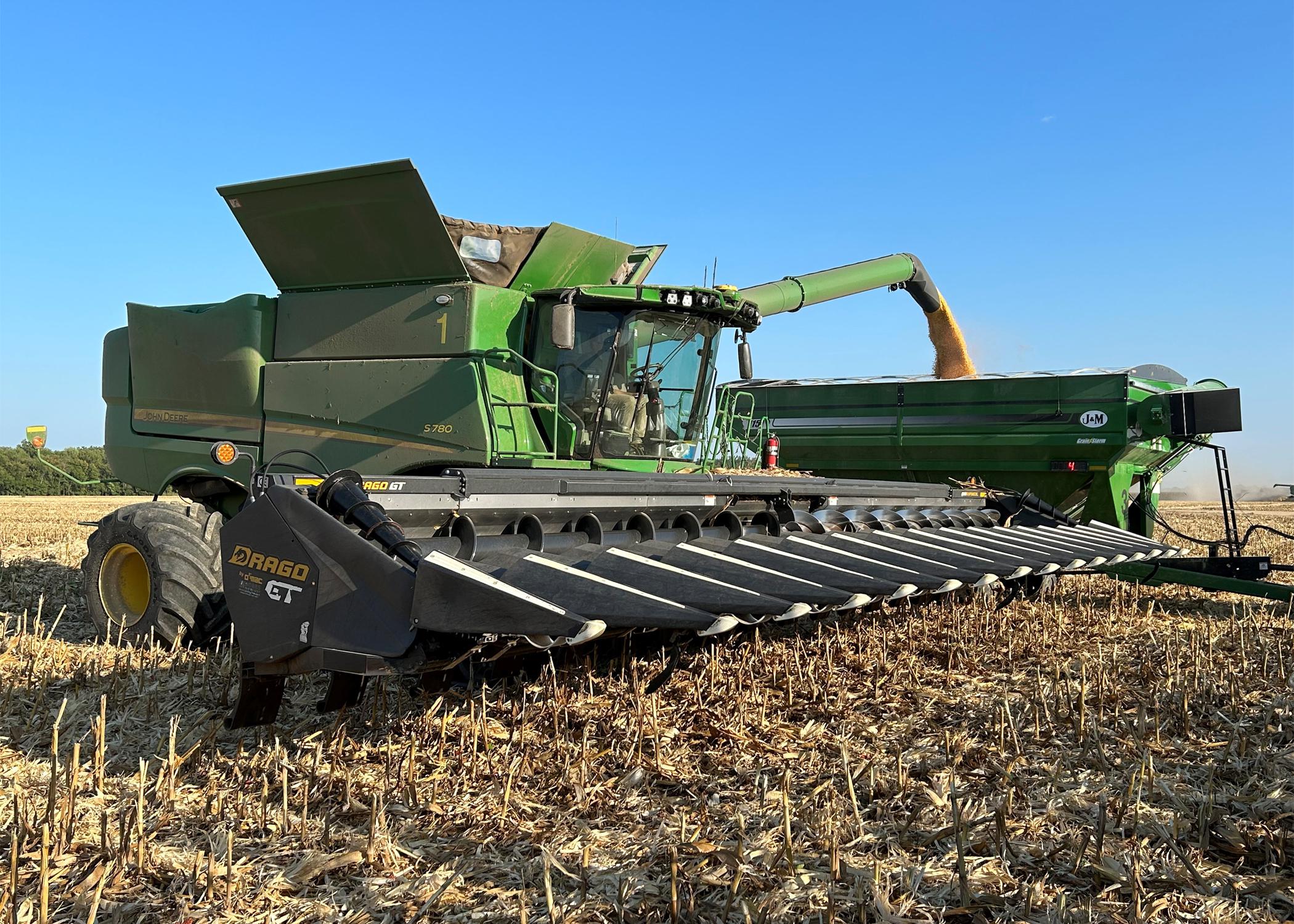 A piece of green farm machinery transfers corn to a bin.