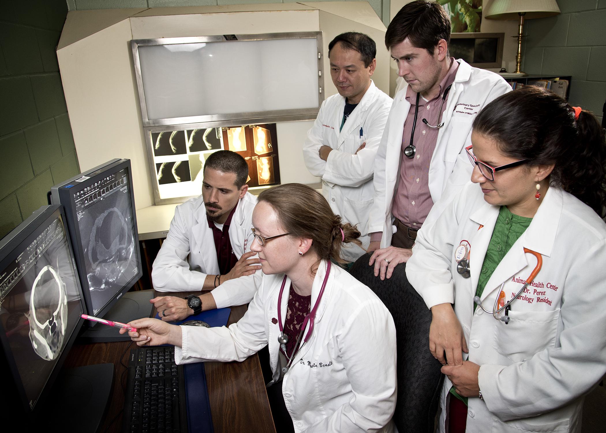 Dr. Michaela Beasley shows the Mississippi State University Veterinary Specialty Center team members how fluid accumulates around the brain in a hydrocephalus case. (Photo by MSU College of Veterinary Medicine/Tom Thompson)