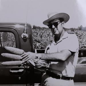 A man wearing a cowboy hat and sunglasses, standing in front of a truck and holding three ears of corn.