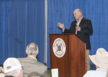 Speaking at a Producer Advisory Council meeting in Verona on Feb. 21, 2013, Mississippi State University administrator George Hopper challenges agricultural producers to tell the state's land-grant university representatives what they need to succeed with their commodities. (Photo by MSU Ag Communications/Scott Corey)