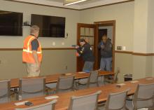 Kit Cessna, left, supervises as law enforcement agents practice clearing a Mississippi State University classroom during an active-shooter response course on March 13, 2013. MSU's Extension Service coordinated the three-day course, developed and facilitated by the National Center for Biomedical Research and Training, one of the leading training agencies for U.S. Department of Homeland Security initiatives. (Photo by MSU Ag Communications/Linda Breazeale)