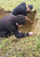 Tishomingo County 4-H member Jonah Holland, foreground, and Tremont FFA member Caleb Brown take soil samples from a pit at the Mississippi FFA/4-H State Land Judging Contest March 24, 2015. The competition was held at the Mississippi State University Coastal Plain Experiment Station in Newton, Miss. (Photo by MSU Ag Communications/Kevin Hudson)