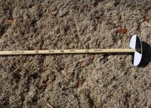 A wooden pole with hash marks at 12, 18 and 24 inches from a round disk with alternating black and white quadrants rests on brown grass. Danger is written below the 12-inch hash, ideal is written in the middle section, and fertilize is written above the 24-inch hash.