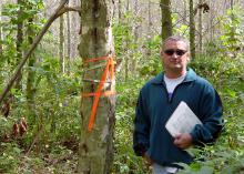Man holding a clipboard looks at camera while standing in a wooded area beside a tree with orange ribbons tied around the trunk at shoulder height.