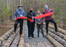 Four people stand on a bridge while cutting a ceremonial ribbon.