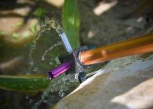 A colorful spray head releases a small stream of water.