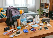 Items for a disaster kit are displayed on a coffee table.