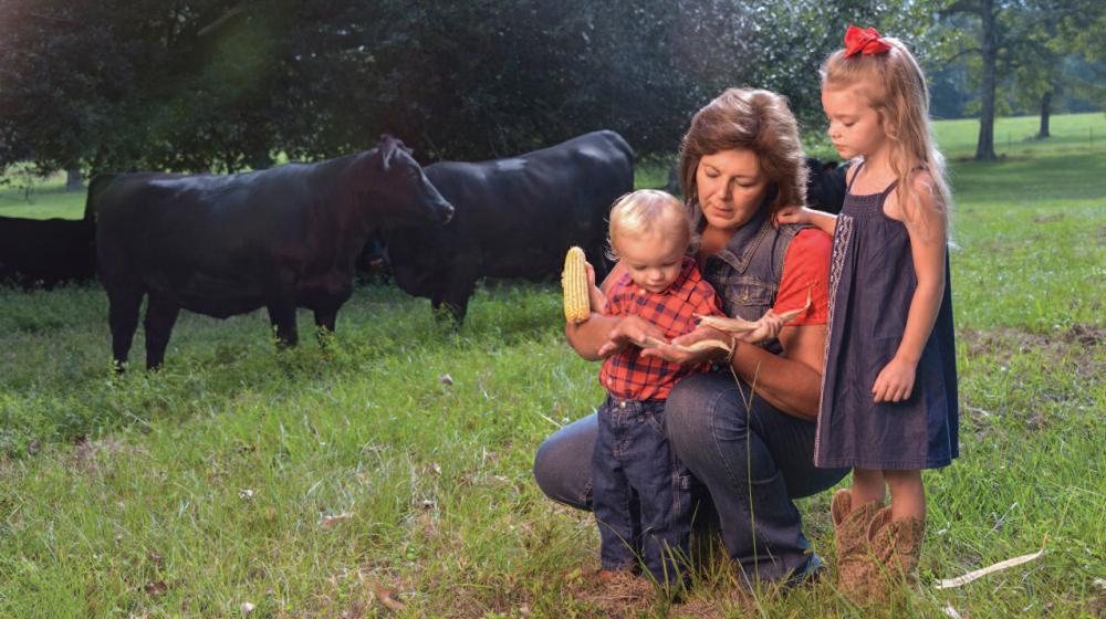 A woman and two small children in a field with black cows grazing behind them.