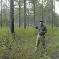 Scott Edwards, a private lands wildlife biologist with the Mississippi Department of Wildlife, Fisheries and Parks, talks about how herbicides and controlled burns can benefit a pine stand on a demonstration farm near Aberdeen, Miss., on Thursday, Sept. 12, 2013. (Photo by MSU Ag Communications/Linda Breazeale)