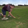 A hat rests on the ground next to a man kneeling down to examine grass.