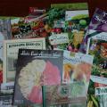 The colorful covers of about 20 gardening catalogs are fanned out on display.