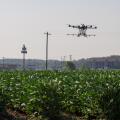 A drone sprays water on crops