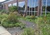 A gravel trail cuts through a garden in front of a building.